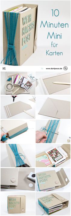 the instructions for how to make an envelope with blue string and paper on it, including scissors