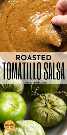 roasted tomato salsa in a white bowl with green peppers