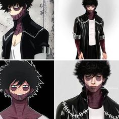 three different pictures of an anime character with black hair and white eyes, one is wearing a leather jacket