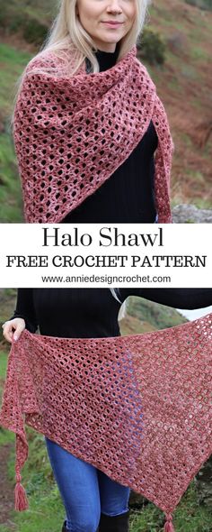 a woman wearing a red shawl with text overlay that reads, free crochet pattern