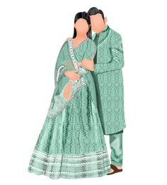 a man and woman are dressed in green