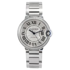 Brand: Cartier  Gender: Unisex Metal Type: Stainless Steel Diameter: 36.00 mm Weight: 106.69 grams Stainless Steel Diamond Cartier Swiss made watch. The metal was tested and determined to be stainless steel. The "Cartier" trademark (or hallmark) can also be found on the item. Pre-owned in excellent condition. Might show minor signs of wear. Ballon Bleu Diamond Bezel Watch Properties Family: Ballon Bleu Model: Ballon Bleu Diamond Bezel Ref. No.: W4BB0024 Water Resistance: 30 meters Caliber Proper Luxury Diamond Automatic Watches, Diamond Watches With Date Indicator And Round Dial, Diamond Watches With Date Indicator, Luxury Automatic Diamond Watch, Silver Automatic Diamond Watch For Formal Occasions, Luxury Silver Diamond Watch With Chronometer, Silver Diamond Watch With Date Indicator, Timeless Automatic Diamond Watch With Round Dial, Silver Watch With Diamond And Date Indicator