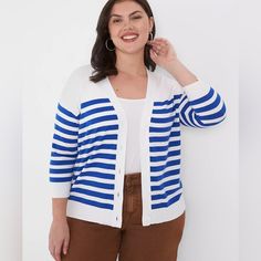 Perfectly Soft. Perfectly Nautical. Perfectly Layered. This Cardi Comes In Classic Stripes That Will Go With Everything. V-Neck. Drop Shoulder 3/4 Sleeves. Button Front. Ribbed Trim. Soft Sweater Knit. Short Length. Machine Wash 35% Rec Poly/22% Nylon/15% Rayon/28% Pbt In Excellent Condition. New Without Tags No Stains Or Rips. Measurements On Pictures And Below Material & Care Tag Also On Pictures Any Questions Pls Ask Me. Bundle To Save And Offers Are Welcome :) Measurements Are Approximate: Size: 14/16 Pit To Pit: 22 1/2” Length: 25” For Fit Please Compare Measurements To An Item You Have In Your Closet Color May Vary Due To Camera Lightings & Different Computer Scre Minimalist Closet, Closet Colors, Cardigan White, Button Front Cardigan, Knit Short, Soft Sweater, White Cardigan, Striped Cardigan, Softest Sweater