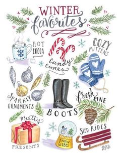 a christmas card with the words winter favorites written in different languages and pictures on it