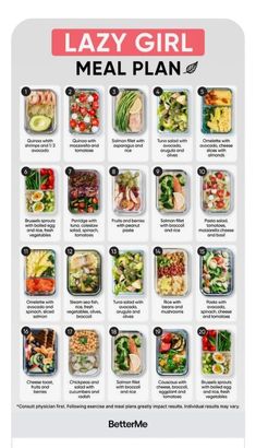 the lazy girl meal plan is full of healthy food, including salads and vegetables