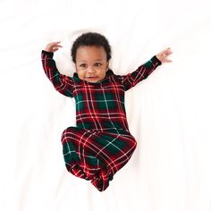 Infant laying on a blanket wearing a Fireside Plaid Infant Gown Holiday Plaid, School Collection, Holiday Baby, Baby Gown, Women's Nightgowns, Nightgowns For Women, Easy Dressing, Womens Robes, Girls Pajamas