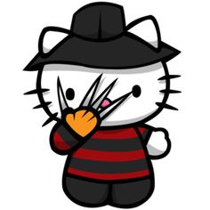 the hello kitty is wearing a black hat and striped shirt with scissors in his hand