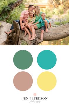 a family sitting on a tree branch in the woods with color swatches to match them