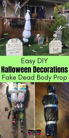 Easy DIY Halloween Decorations hanging dead body prop Diy Scary Halloween Decorations Outdoor Simple, Diy Halloween Decorations On A Budget, Scary Outside Halloween Decorations, Budget Friendly Outdoor Halloween Decor, Easy Scary Outdoor Halloween Decorations, Halloween Ideas Decorations Outdoor, Easy Halloween Garden Decorations, Body In Bag For Halloween, Diy Scary Halloween Decorations Outdoor Easy