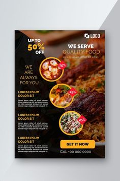 a flyer for a restaurant with different food items on the front and back cover,