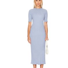 Maeve Knit Midi Dress In Ashley Blue Blue Midi Length Sweater Dress For Fall, Light Blue Midi Dress For Winter, Elegant Blue Midi Sweater Dress, Elegant Blue Midi Length Sweater Dress, Ribbed Knit Short Sleeve Dresses, Spring Short Sleeve Knit Sweater Dress, Spring Ribbed Knit Maxi Dress, Blue Knee-length Knit Dress, Fitted Short Sleeve Sweater Dress For Spring