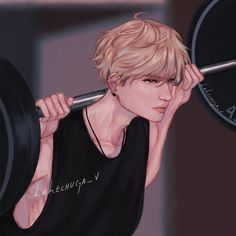 a drawing of a person holding a barbell in front of their face and looking at the camera