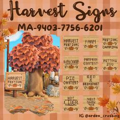 an advertisement for harvest signs in front of a tree