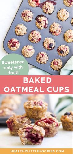 baked oatmeal cups with blueberries and raspberries in the background