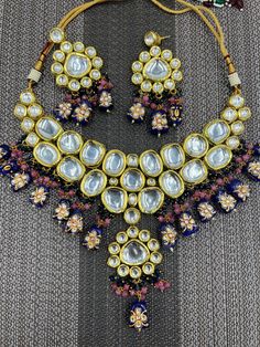 Navy Blue Real Uncut Kundan set with Earrings Please visit my profile for more jewelry and message me if you have any questions Indian Bridal Necklace, Heavy Necklace, Necklace Set Indian, Bridal Necklace Set, Bangles Indian, Bollywood Jewelry, Pakistani Jewelry, Kundan Earrings, Blue Bridal