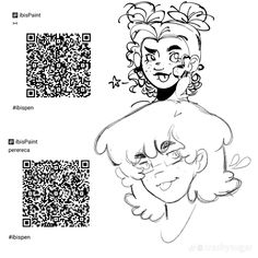 an image of a cartoon character with qr code on the back and another drawing of a woman's face