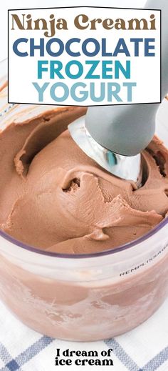 chocolate frozen yogurt in a glass bowl with a scooper on top and text overlay that says, ninja cream chocolate frozen yogurt