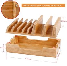 two wooden drawers with dividers on each side and one drawer open to separate the two parts