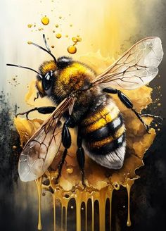 a painting of a bee with honey dripping from it's wings