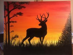 a painting of a deer standing in front of a sunset with trees and grass on it