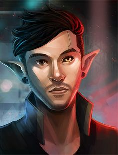 a digital painting of a man with black hair and an elf's head in the background