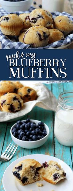 blueberry muffins on a white plate next to a bowl of blueberries