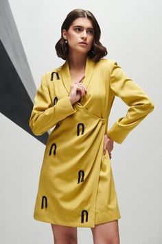 Olive blazer dress with dangling sequin embroidery, attached shoulder pads and single side button closure. - Aza Fashions Festive Long Sleeve Dresses For Workwear, Blazer Dress Women, Blazer Dress For Women, Olive Blazer, Green Luxury, Diana Penty, Sequin Embroidery, Luxury Sale, Green Sequins