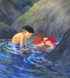 two children are playing in the water with rocks and mountains behind them, one boy is swimming