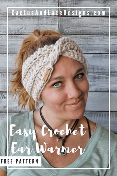 a woman wearing a crochet ear warmer with text overlay that reads easy crochet ear warmer free pattern