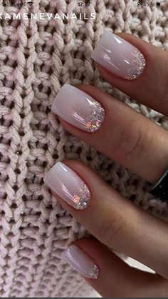 Gel Manicure For Wedding, Pale Pink Wedding Nails For Bride, Bride Nail Designs White, Trendy Neutral Nails With Sparkle, Mail Glitter Design, Bridal Nails With Color, Bridal Nails Medium Length, Powder Dipped Nail Color Ideas, Birthday Nails Neutral Colors