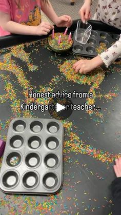 two children are making cupcakes at a table with the words honest advice from a kinder teacher