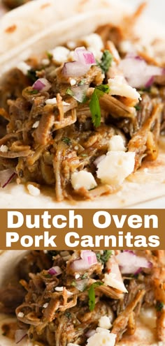 two pulled pork carnitass on tortillas with onions and cilantro