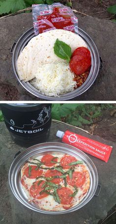 two pictures showing different types of food on the same plate, one with cheese and tomato