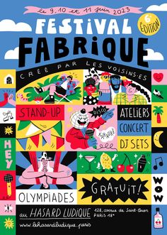 the poster for festival fabrique is shown in blue, yellow and green colors