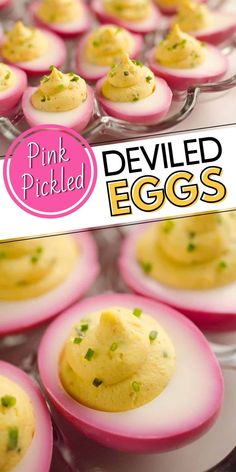 deviled eggs with pink pickled deviled eggs on them