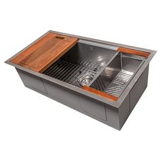 a stainless steel kitchen sink with wooden cutting board in the bottom and side drawers on both sides