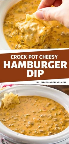 crock pot cheesy hamburger dip in a white bowl with tortilla chips