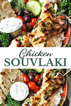 chicken souvlaki on a plate with rice and vegetables