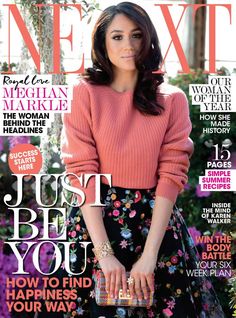 a magazine cover with a woman in a pink sweater and floral skirt holding a purse