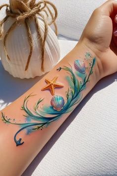 Small Beach Tattoos Wave Tatoos Woman, Water Tattoo Ideas Ocean, Ocean Wave Tattoos For Women, Seashell Tattoo Design, Beach Tattoo Ideas For Women, Beach Sleeve Tattoo, Sea Tattoos For Women, Small Beachy Tattoos, Ocean Tattoos For Women