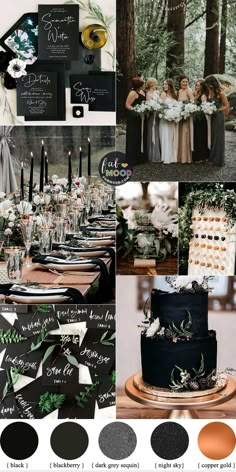 black and white wedding color scheme with greenery, candles, cake, menus