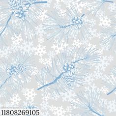 blue and white snowflakes on a gray background with pineconis in the foreground