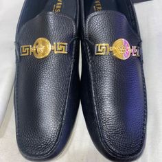 Versace Men’s Car Shoe Calf Leather Loafers Style Number- Dsu4669 Size 48 Men’s Medusa Head Logo Gold Design Luxury Black Loafers For Semi-formal Occasions, Luxury Black Moccasins For Semi-formal Occasions, Luxury Black Slip-on Dress Shoes, Designer Black Moccasins With Leather Sole, Luxury Black Slip-on Moccasins, Designer Black Slip-on Shoes, Luxury Black Moc Toe Moccasins, Luxury Black Moccasins With Moc Toe, Designer Black Moccasins For Business