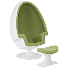 the egg chair and ottoman are both white and green, with a footstool