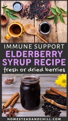 Looking for natural cold and flu remedies to support your immune system? Learn how to make homemade Elderberry Syrup with our easy recipe and step by step photos. You can make this elderberry syrup recipe with fresh berries or dried berries - plus raw honey, spices like cinnamon and clove, or even add a little alcohol as a natural preservative to make elderberry syrup last longer in the fridge. Elderberry syrup also provides natural allergy relief! Come try this delicious herbal cold remedy. Make Elderberry Syrup, Homemade Elderberry Syrup, Natural Allergy Relief, Elderberry Syrup Recipe, Homemade Elderberry, Dried Berries, Elderberry Syrup, Allergy Relief, Natural Cold Remedies