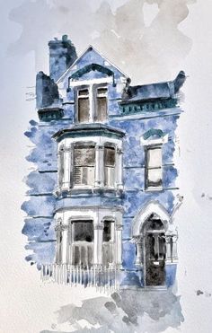 a watercolor painting of a blue house with windows and balconies on the second floor