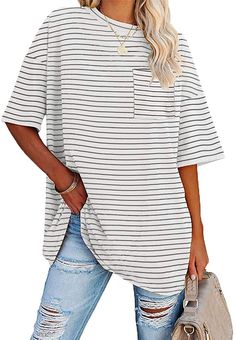 PRICES MAY VARY. Material:65% Cotton,30% Polyester,5% Spandex.Skin-Friendly Material.It's Stretchable, Soft and Lightweight, Provide You a Pleasing Wearing Experience. This Striped Oversized Tee is just what you need! Comfy and cozy with a little extra room.Whether you're lounging around or going for a slightly dressed-down look, this t shirts will do the trick! Our Stripe Print Crew/Round neck T shirts suitable for Casual Daily/ Travel/ Home/ Vacation/ Shopping/ Street/ Party/ Outdoor/ Club to Shirt With Leggings, Womens Oversized Tee, Home Vacation, Cotton Tunic Tops, Cotton Tunic, Casual Stripes, Tunic Shirt, Oversized Tee, Striped Tee