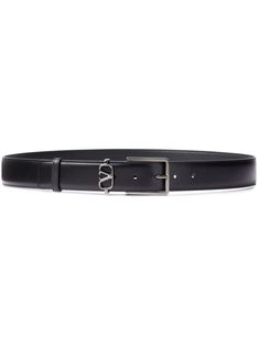 black calf leather VLogo Signature silver-tone hardware punched holes buckle fastening adjustable fit Black Leather Belt With Silver-tone Logo Plaque, Classic Leather Belt With Silver-tone Logo Plaque, Elegant Black Belt With Silver-tone Logo, Luxury Black Belt With Silver-tone Logo Plaque, Luxury Black Belt With Silver-tone Logo, Black Leather Belt With Buckle Closure, Designer Black Belt Buckles For Business, Designer Leather Belt With Rectangular Buckle, Designer Black Belt Buckle With Silver-tone Logo