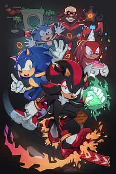 an image of sonic and friends in the style of video game characters, with their faces glowing