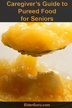 a spoon full of food with the title caregiver's guide to pured food for seniors